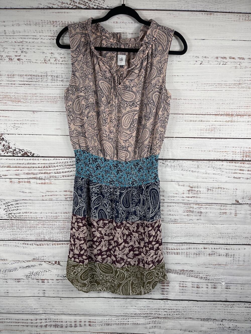 Cabi Dress Women's SZ S Multicolor Paisley Boho Sleeveless Smocked Waist Summer